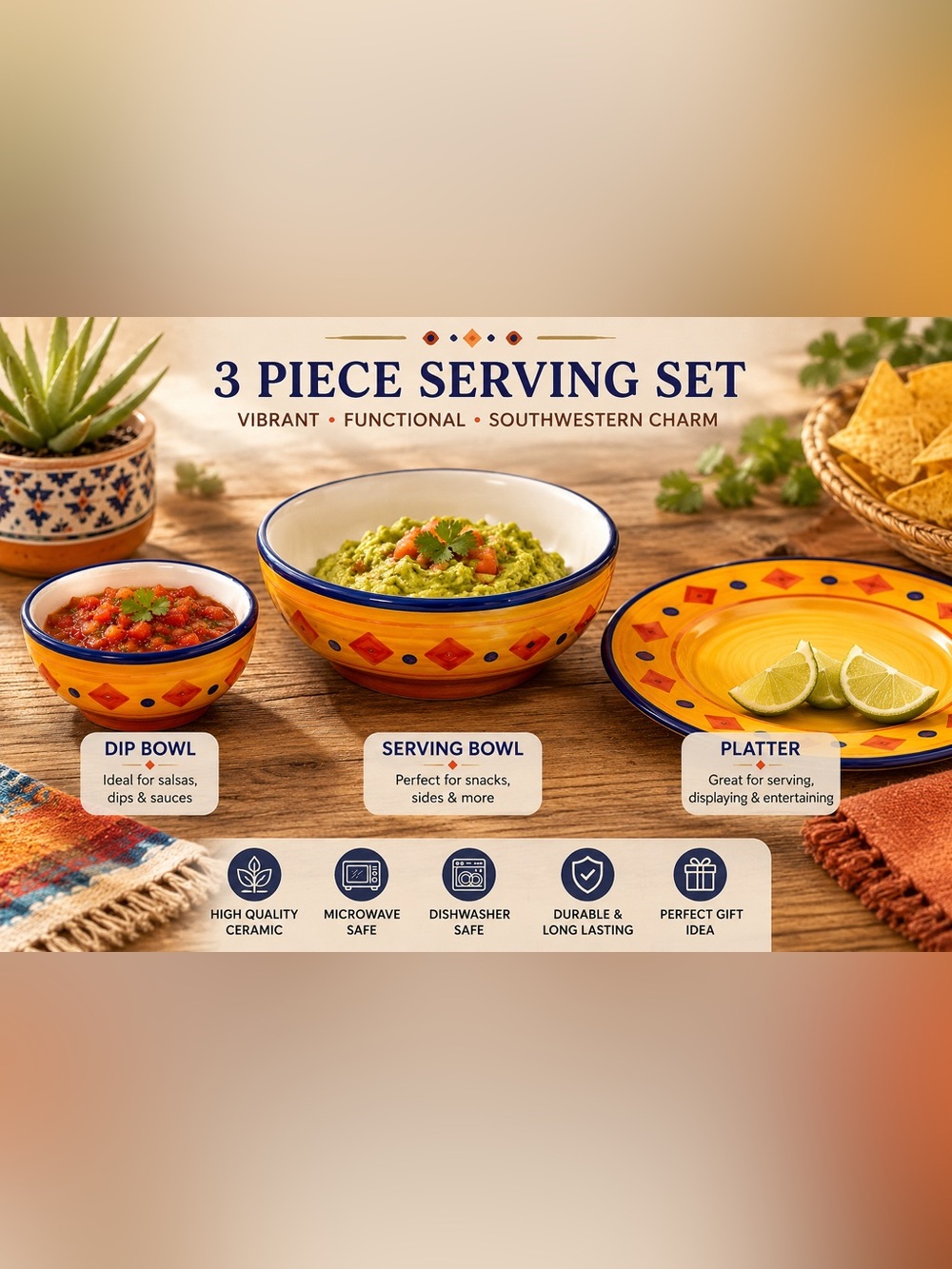 Libbey 3 Piece Serving Set Southwestern  Colorful Platter Dip Bowl Ceramic